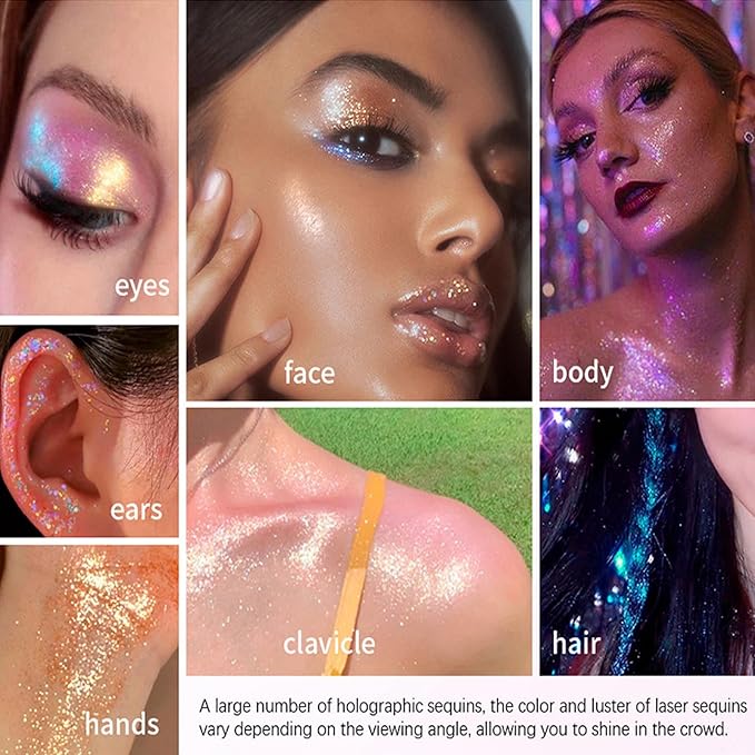2 Colors Roll-on Body Glitter Gel,Holographic Hair Face Glitter Makeup for Women,Festival Rave Accessories Singer Concert Sparkly Chunky Sequins Mermaid Paint