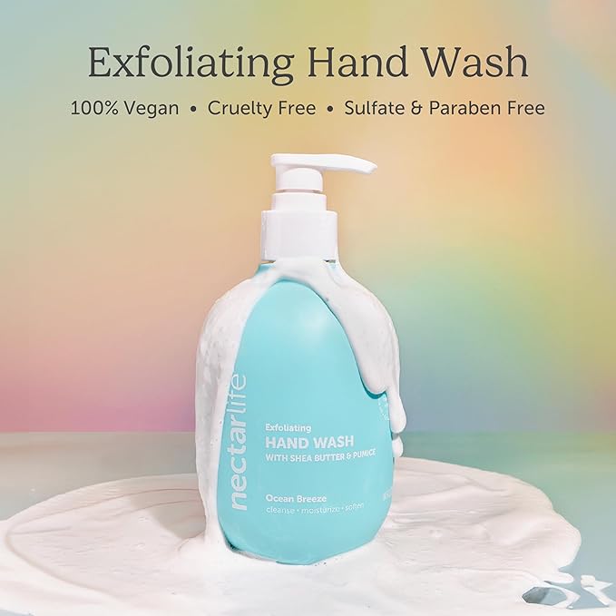Nectar Life Exfoliating & Moisturizing Hand Wash 3-Pack, Volcanic Pumice for Hand Scrub, Shea Butter Softens Hands, Clean Vegan Ingredients, Ocean Breeze Scent