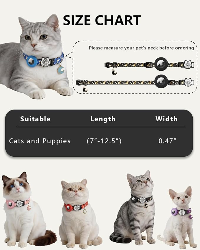 QR Code Cat Collar with Built-in AirTag Holder & Bell, Smart Pet ID with Online Profile, GPS Tracking Breakaway Collar for Cats & Puppies, Adjustable 7.5–12.5”, Blue