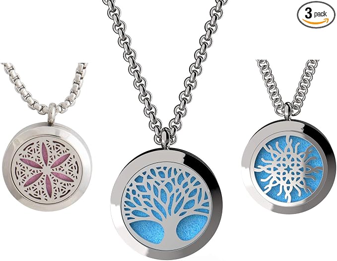 Wild Essentials 3 Pack Necklace Set, Tree of Life, Flower of Life, Love Knot Essential Oil Diffuser Necklace Stainless Steel Locket Pendants with 24" Chains, 36 Refill Pads, Color Changing Jewelry