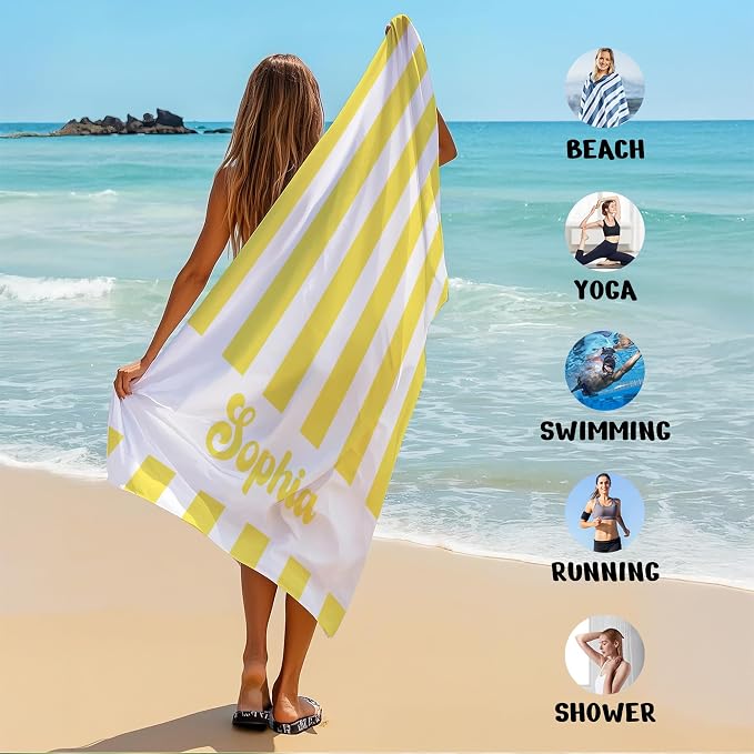 JML Personalized Beach Towel with Name, Custom Cabana Stripe Beach Towel, Customized Microfiber Pool Towel, Quick Dry & Absorbent Swim Towel for Adult,Anniversary, Birthday, Summer Holiday,Vacation