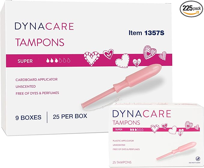 Dynarex Super Tampons – Bulk Feminine Hygiene Product with Plastic Applicator – 7 Hour Protection – 9 Boxes, 225 Total Tampons