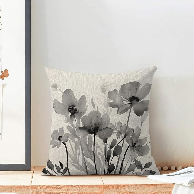 Spring Floral Pillow Covers 18x18 Inches Set of 2,Gray Floral Throw Pillow Covers Outdoor Summer Flower Decoration Pillowcase Farmhouse Decorative Square Linen Cushion Cover For Home Couch Sofa