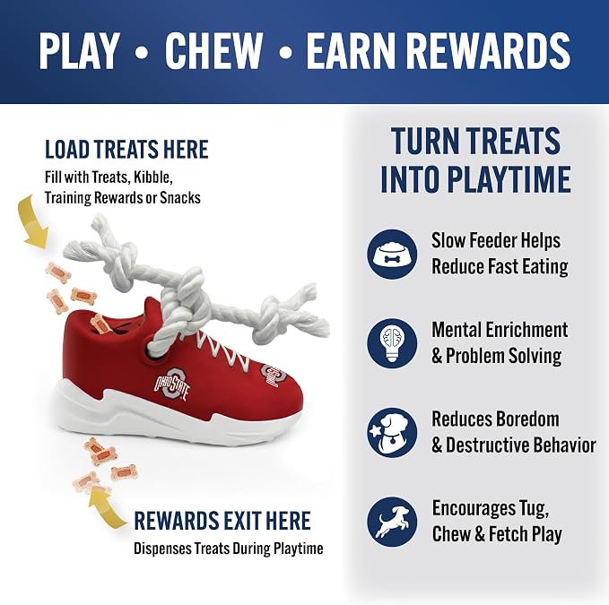 NCAA Ohio State Buckeyes Cleat Sneaker Spike Dog Toy, Treat Dispenser Chew Toy for Dogs, Interactive Rope Tug Toy, Slow Feeder Natural Rubber Dog Toy with Official Team Logo for Puppies & Adult Dogs