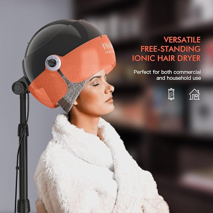 TASALON Ionic Hooded Hair Dryer. 1875W Height Adjustable Hooded Dryer with 3 Temprature Settings. Professional Hair Dryer for Salon, Hairestylist and Home. Orange