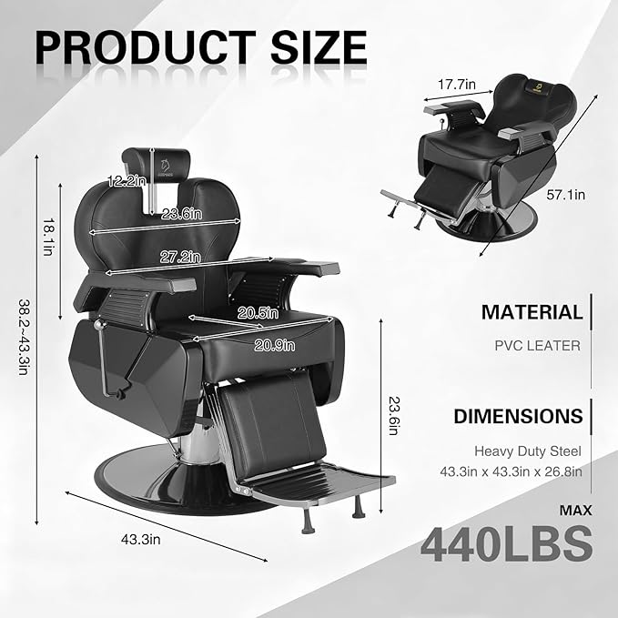 Barber Chair Hydraulic Reclining Salon Chair Styling Chairs Hair Chair 360 Degrees Rolling Swivel Barber Chairs for Barbershop Hair Salon Black
