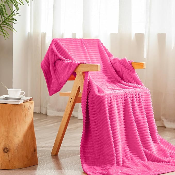 Vessia Flannel Fleece Throw Blanket for Couch,Sofa,Bed, 300GSM Striped Hot Pink Blanket for Adults and Kids, Super Soft Warm Cozy Lightweight Ribbed Throw for All-Season