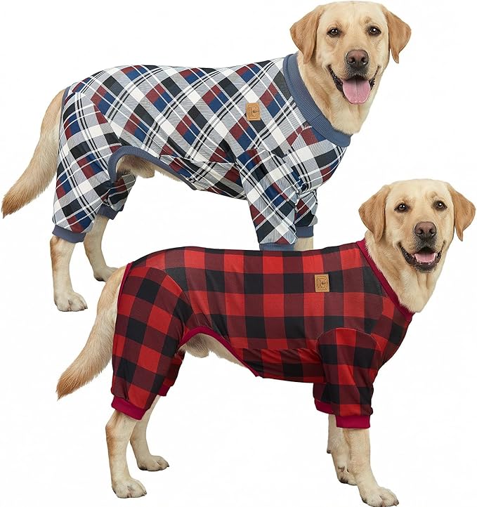 XPUDAC 2 Pack Plaid Dog Pajamas for Medium Large Sized Dog, 4-Way Stretch Soft Pet Onesie Lightweight Warm Pet Clothes Jammies for Large Breeds, 3XL