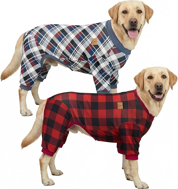 XPUDAC 2 Pack Plaid Dog Pajamas for Medium Large Sized Dog, 4-Way Stretch Soft Pet Onesie Lightweight Warm Pet Clothes Jammies for Large Breeds, 7XL