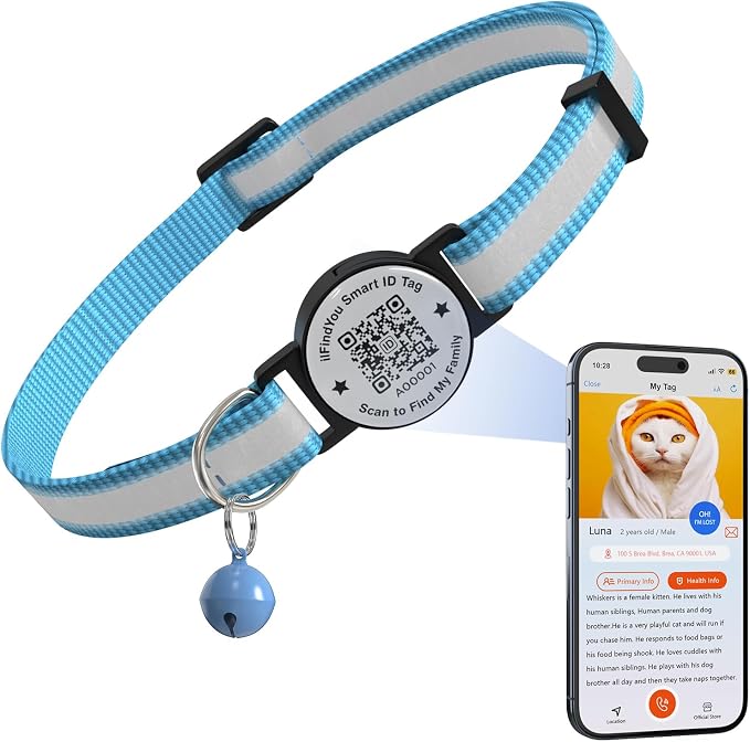 Breakaway Cat Collar QR Code, Reflective Bell, Adjustable Kitten, Blue