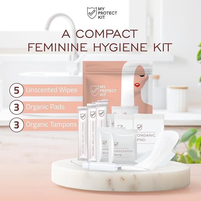 MY PROTECT KIT Feminine Care Kit - 11 Pieces First Period Kit for Girls, Compact Hygiene Set for Women, Essentials with Cotton Tampons, Organic Pads & Wipes, Pack of 48
