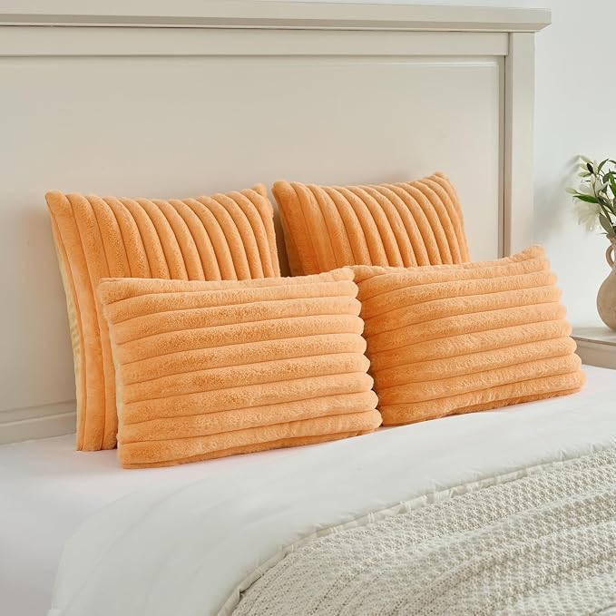 FUTEI Pack of 2 Faux Fur Throw Pillow Covers 20x20 Inch, Orange | Fluffy Faux Rabbit Fur Front/Premium Velvet Back,Hidden Zipper,Machine Washable,Non-Shedding,Colorfast,Insert Not Included.