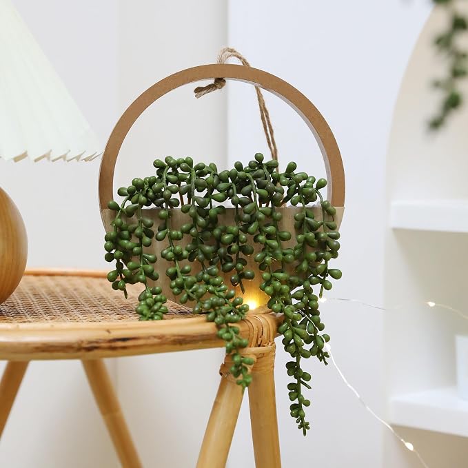 2pcs Artificial Succulents Hanging Plants 20.1'' Fake String of Pearls in Pot with 9.4'' Lanyard for Indoor Outdoor Wall Decor（Wood Color）