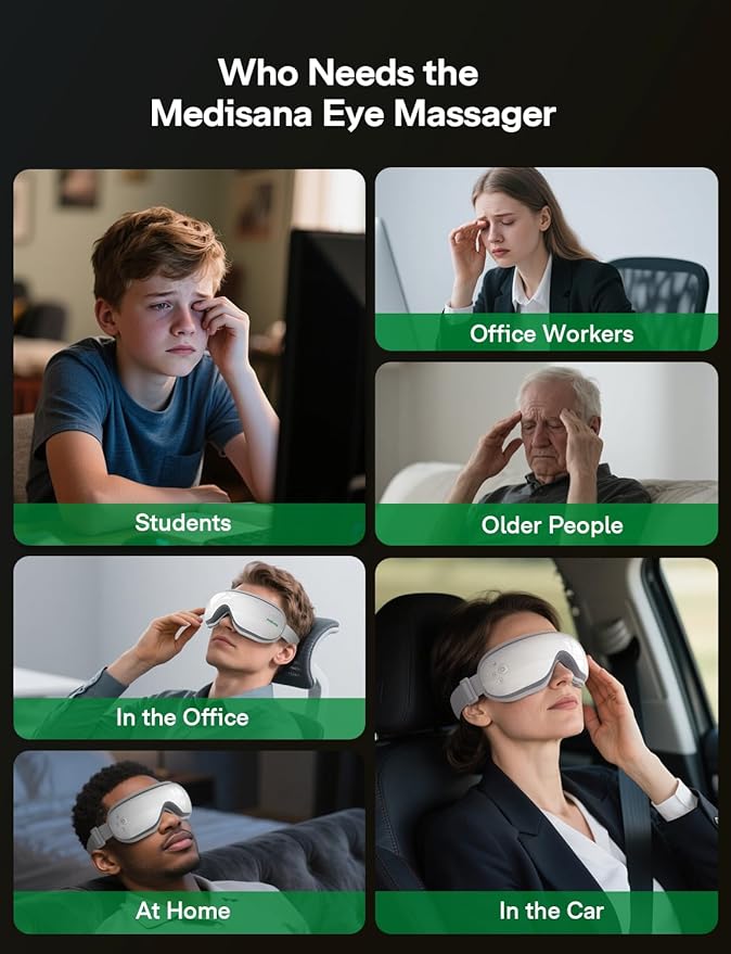Medisana Eye Massager with Heat, 30dB Ultra-Quiet Eye Massager & Bluetooth Music Eye Massage Mask for Eye Strain Relief, Eye Mask Massager to Reduce Stye, Birthday Christmax Gifts for Women/Men