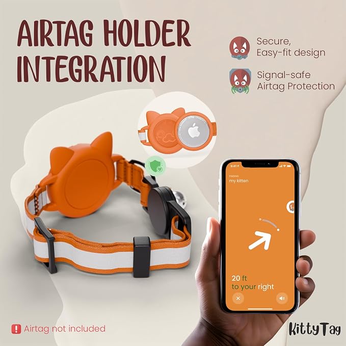 AirTag Cat Collar – Breakaway Reflective & Waterproof Collar with Built-in Holder, Adjustable with Bell for Indoor/Outdoor Cats – AirTag Not Included (Orange)