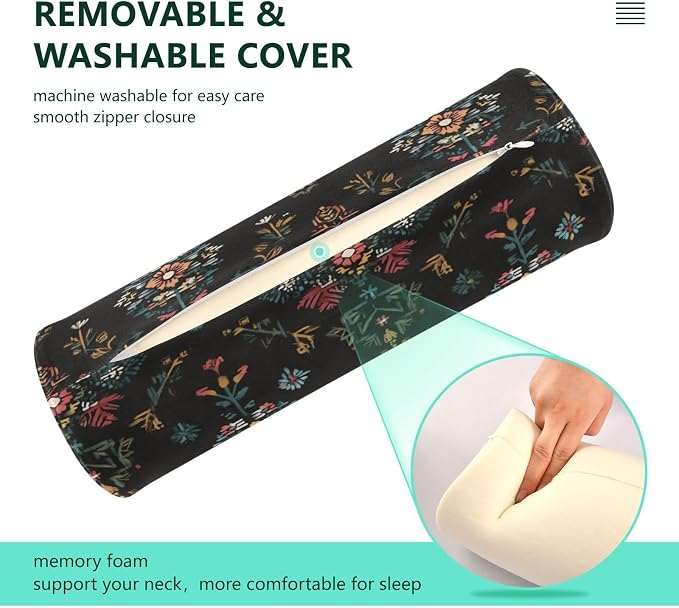 Black Boho Flower Neck Roll Pillow Bolster Round Health Memory Foam Long Cervical Cylinder Pillows with Removable Washable Cover for Body Bed Legs Back Yoga