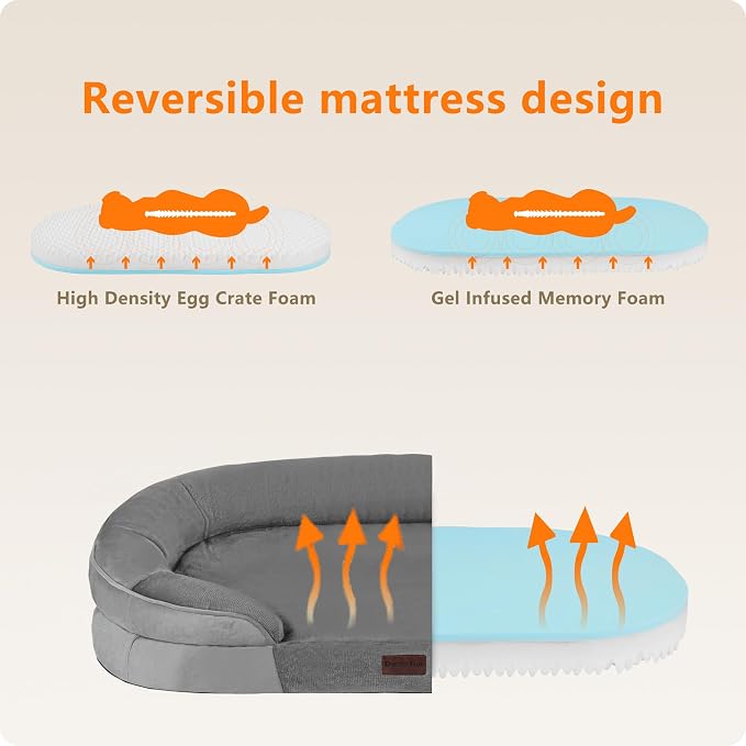 Dwanton Orthopedic Waterproof Large Dog Bed Sofa, Gel Memory Foam, 42" | Egg-Crate Foam Dog Sofa, Washable Pet Bed with Four Sided Bolster Cushion, Removable Cover & Non-Slip Bottom, Medium Grey