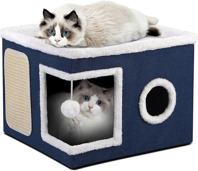 Shikha Cat House Bed for Indoor Cats with Fluffy Ball and Scratch Pad Blue | Foldable Large Cat Cave Hideaway with Cozy Condo, Hide and Seek Window, Holds Up to 30LBS, All Season Reversible Cushion