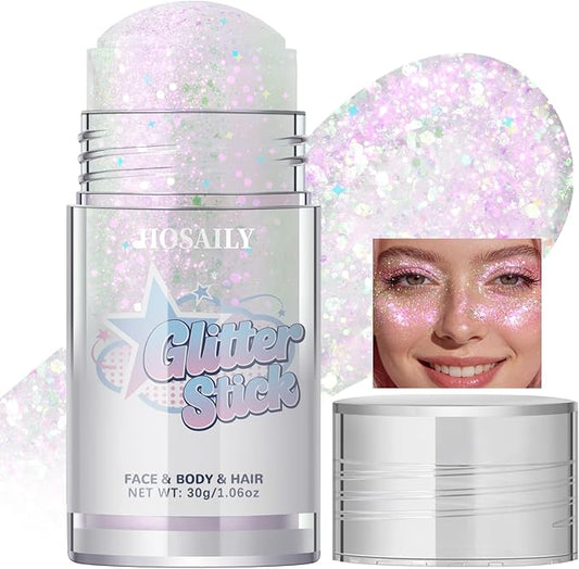 Sparkling Pink Body Glitter Stick, Holographic Fairy Costume Makeup Face Hair Glitter Stick Rave Outfits for Women, Shimmer Face Paint Singer Concert Festival Party Accessories, 1.06 OZ