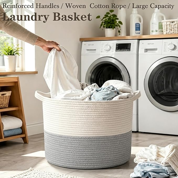 65L Large Blanket Basket,Woven Rope Laundry Basket-White&Grey | Collapsible, reinforced handles, nursery storage bin organizes clothes, toys and pillows for living room, bedroom bathroom