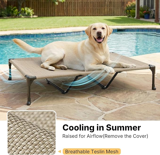 Veehoo Outdoor Elevated Dog Bed with Waterproof Bolster Cushion, Cooling | Raised Dog Bed with Removable & Washable Mat Topper, Breathable Mesh, Dog Couch Cot for Indoor Outdoor, 59", Large, Beige