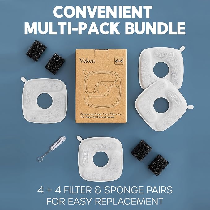 Veken Cat Water Fountain Filters, 4 Pack Replacement Filters | and 4 Pack Replacement Pre-Filter Sponges Set for 50oz, 84oz, 95oz or 108oz Automatic Pet Fountain Dog Water Dispenser