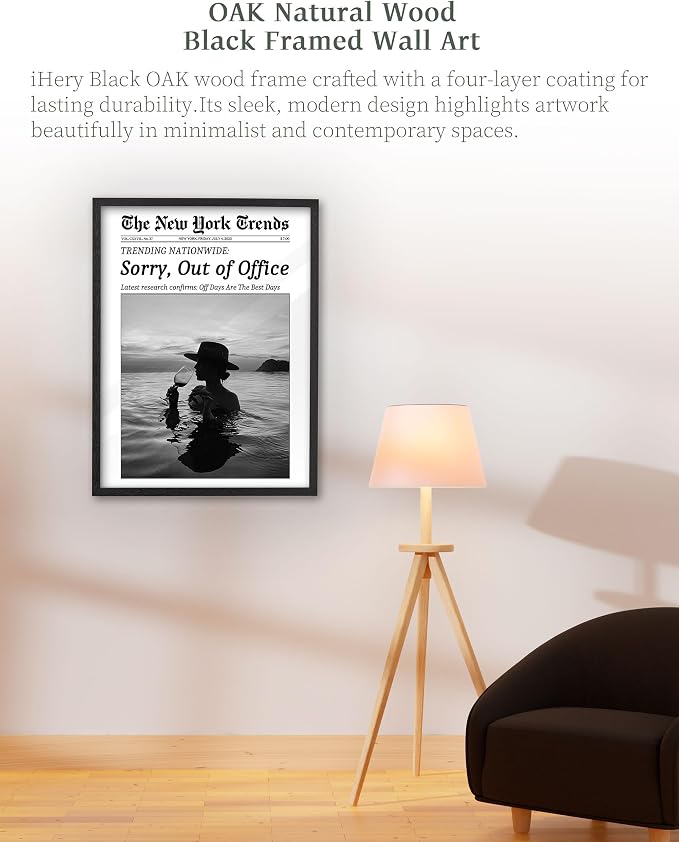 iHery 12x16in Sorry, Out of Office Framed Newspaper Wall Art | Premium Black OAK Wood Frame with Canvas Print, Coastal Vacation Decor for Bedroom, Dorm, Living Room and Bar Cart, 1Pack