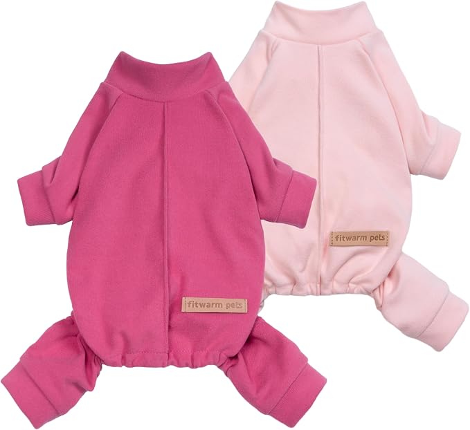 Fitwarm 2 Pack Lightweight Fleece Dog Pajamas, Warm Winter Clothes for Small Dogs Girl, Cozy Pet Onesie with Feet, Medium Violet Red, Light Pink, XL