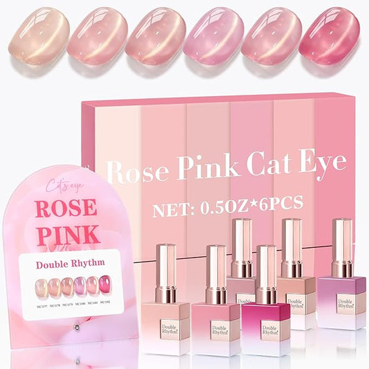 Double Rhythm Cat Eye Gel Nail Polish Set of 6 Same Color Same Bottle 0.5 Oz Shimmer Glitter with Magnet Holographic Reflective Magnetic UV Nail Polish Kit at Home (Glass Nude Pink Rose-T6-32)