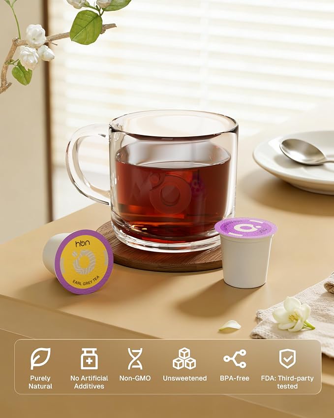 HBN Tea 48-Count Sampler Variety Pack for K-Cup Brewers, Healthy & Energizing Tea Capsules, Gift Box Set (Green, English Breakfast, Earl Grey, Jasmine)