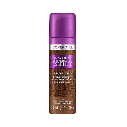Covergirl Simply Ageless Skin Perfector Essence Foundation, 75 Rich-Deep, Tinted Skincare Makeup Hybrid, Sheer Tint, Radiant Finish, Glowy Finish, Vegan Formula, 1.0oz