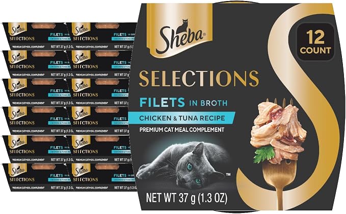Sheba Selections Wet Cat Food Complement, Chicken & Tuna, 1.3 oz, 12 ct | Grain-free, Real chicken #1 ingredient, no artificial flavors, peel & serve, food topper or treat, 1.3 oz. Cups, adult food