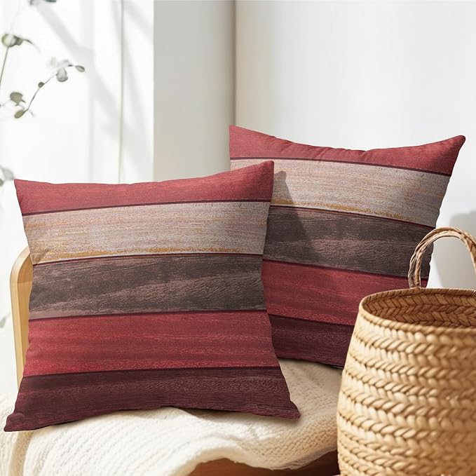 Kawani Red Wooden Throw Pillow Covers 16x16 Inches - 2 PCS Brown Farmhouse Wood Grain Cotton Linen Square Pillow Cushion Case with Hidden Zipper for Bed Couch Bedroom Living Room Decor