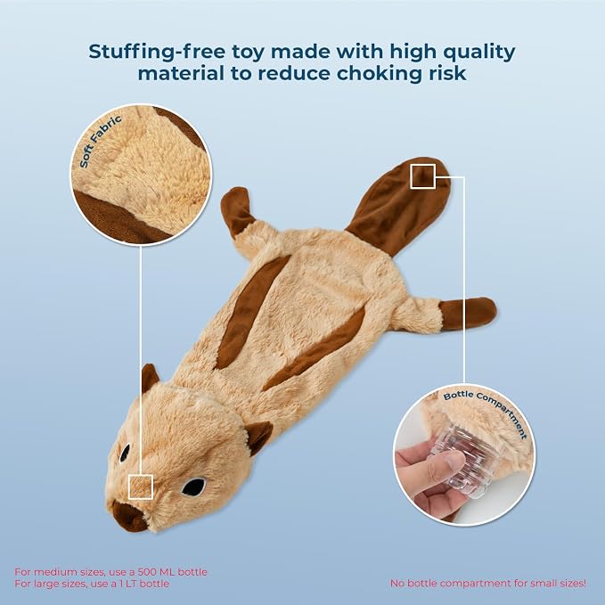 Best Pet Supplies 2-in-1 Stuffless Squeaky Dog Toy - Squirrel, Large | No-Stuffing, 2 built-in squeakers, No Mess, Soft, Holds a Plastic Bottle for Added play, Perfect for Moderate chewers