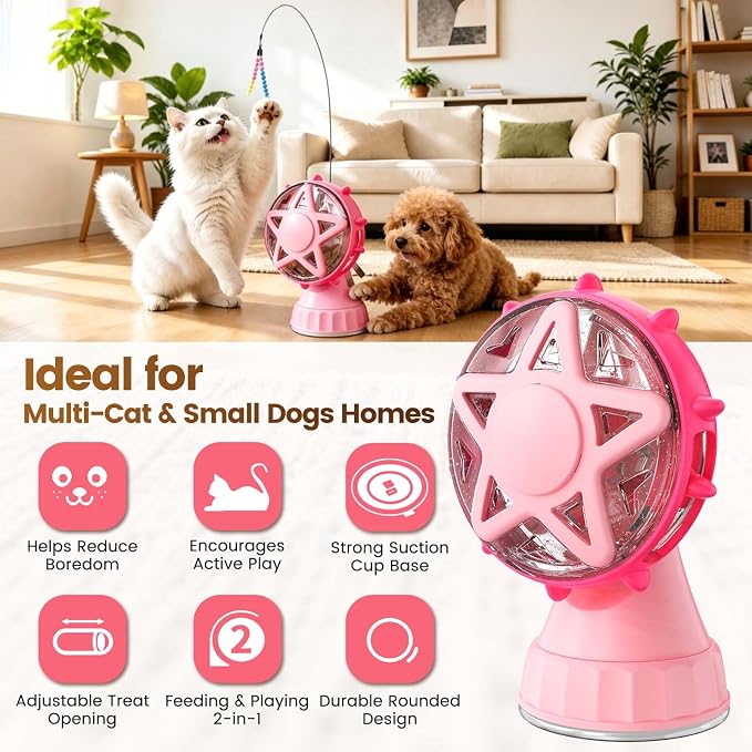 2in-1 Cat Slow Feeder and Interactive Cat Puzzle Toy,Ferris Wheel Treat Dispenser with Strong Suction Cup Base and Adjustable Food Leakage Holes,Food-Grade BPA-Free PP Cat Toys (Pink)