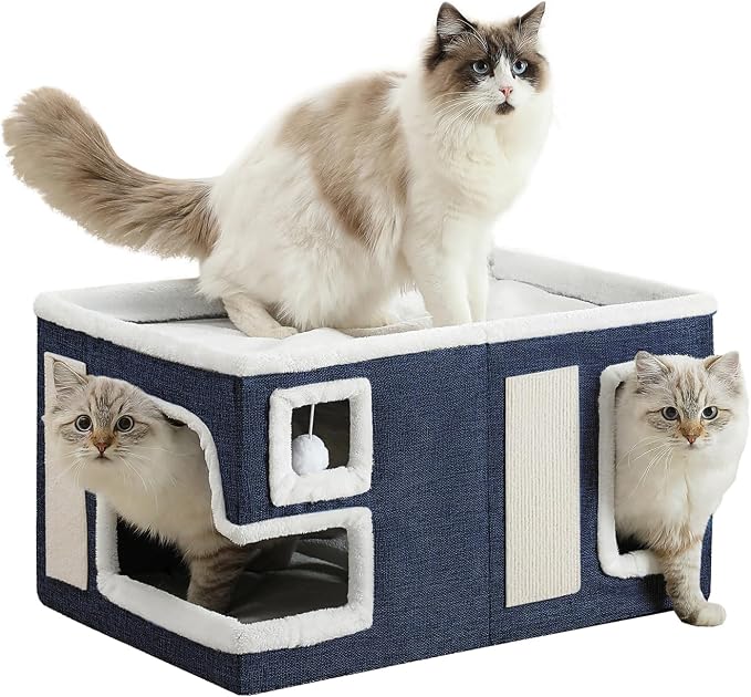 Large Cat Houses for Indoor Cats, Extra Wide Cat Cave Bed with Scratch Pad and Fluffy Ball, Foldable Cat Hideaway Condo for Large Cats, Modern Kitten Bed,23x16x13 inches (Blue, X-Large)
