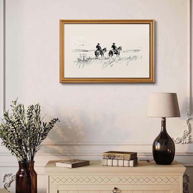 Western Cowboy Gold Framed Wall Art Minimalist Sketch Wall Decor Art | Vintage Horse Landscape Pictures Canvas Art Modern Southwest Framed Prints Artwork For Bedroom Bathroom Living Room