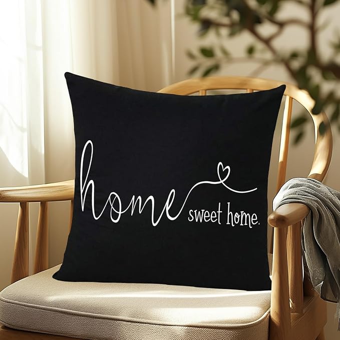 Home Sweet Home Quotes Farmhouse Pillow Covers 18x18 Inch,Farmhouse Decorative Lumbar Throw Pillow Case Cushion Cover,Housewarming Gift,Black