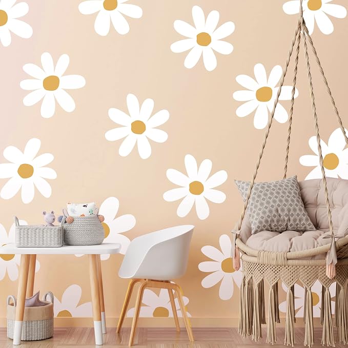 TaoBary 12 Sheet Daisy Wall Sticker Decal,White, Yellow,Vintage Style | Big Flower Wall Sticker, Pink White Floral Decal, Daisy Bedroom Room Decor, Removable Peel and Stick, Nursery Home Wall Decor