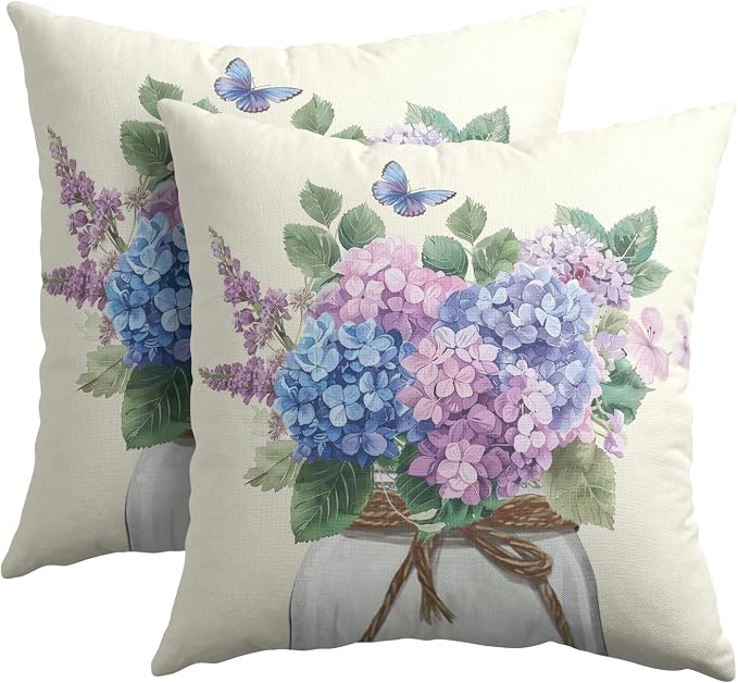 Kawani Hydrangea Flower Throw Pillow Covers 18x18 Inch Set of 2 Botanical Plants Leaves Floral Mason Jar Farmhouse Pillowcase Cotton Linen Square Cushion Case for Home Sofa Couch Outdoor