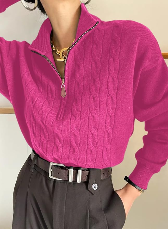 Dokotoo Women's Sweaters 2026 Fall Winter Quarter Zip Ribbed Cable Knit | Long Sleeve,Polo Neck,Lightweight Knit Pullover,Soft Comfy Tops,Casual Trendy Outfits,Fashion Clothing