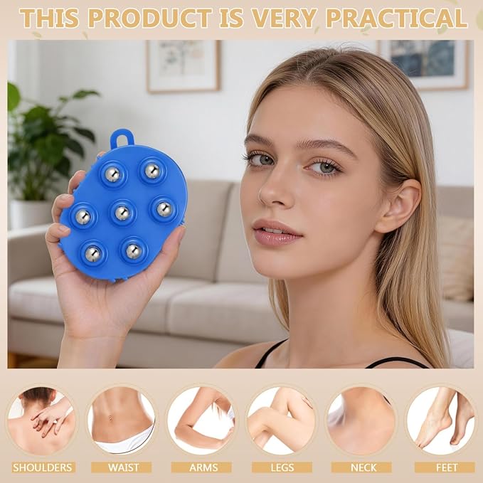 Veemoon 2 Pcs Palm Massage Glove, Roller Ball Handheld Massager, Blue PVC Body 7 Metal Beads, Lymphatic Massage Tool Face Back Neck Foot Muscle Tension Soothing Gua Sha Adults Present