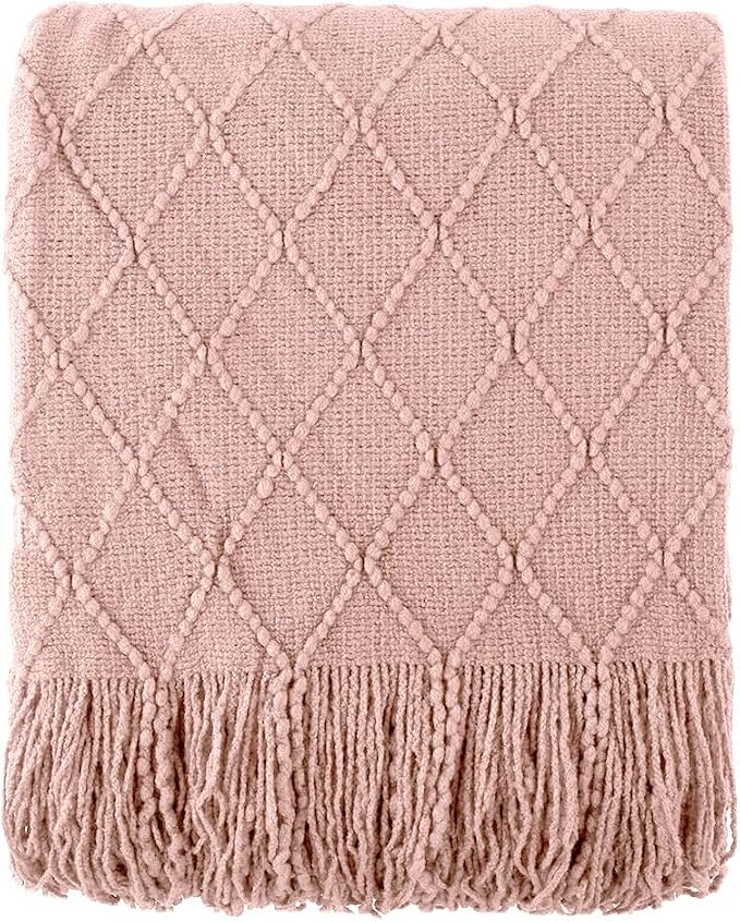 BATTILO HOME Blush Throw Blanket with Tassels, Pink Knit Blanket for Home Decor, Boho Style Textured Knitted Decorative Twin Blanket for Couch, Sofa &Bed, 52"x80"
