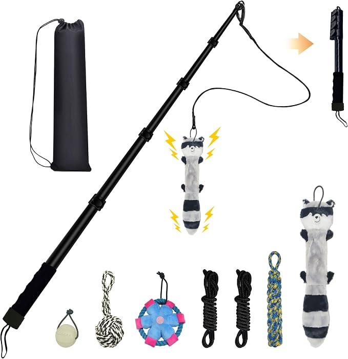 Flirt Pole for Dogs, Interactive Toys Tug-of-war for Dogs, Five-Section Retractable Adjustable Length, Chase Toys with Rope Chewing Sticks, for Outdoor Exercise & Training