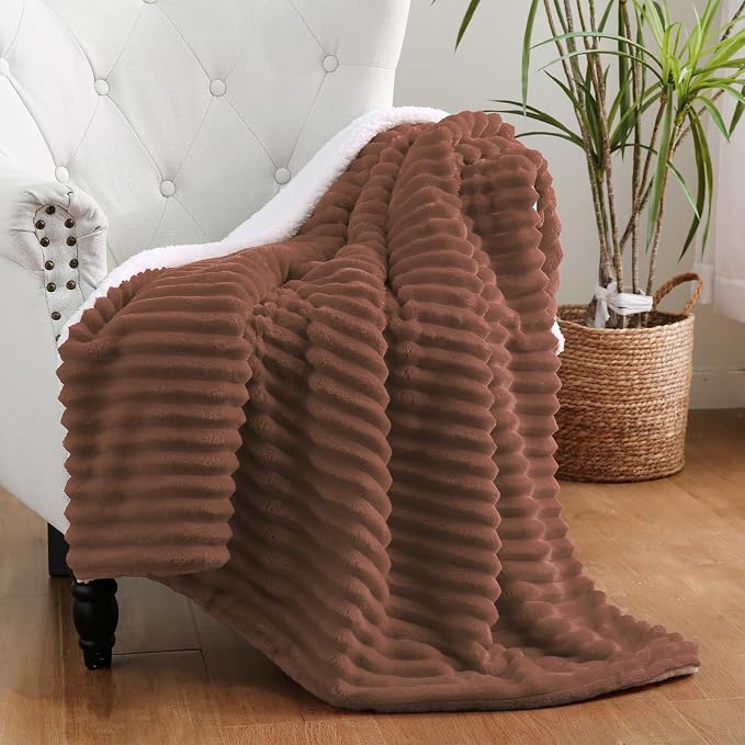 Chocolate Sherpa Fleece Throw Blanket 60”×80”for Couch Sofa Bed | Double Side Soft Fuzzy Cozy Plush Thick Flannel Blanket with Striped Design Gift for Adults,Woman