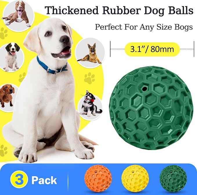 3 Pack Indestructible Squeaky Dog Balls for Aggressive Chewers, Interactive Dog Toys for Teething, Relieving Anxiety. Chew Toy for Large, Medium Breeds, Outdoor Rubber Balls.