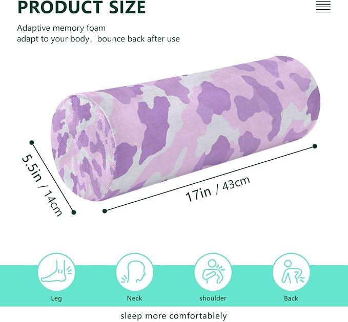 Purple Cow Print Neck Roll Pillow Bolster Round Health Memory Foam Long Cervical Cylinder Pillows with Removable Washable Cover for Body Bed Legs Back Yoga
