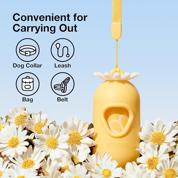 VETRESKA Dog Poop Bag Dispenser with Daisy Scented Waste Bags, 105 Counts | Leak Proof and Extra Thick Pet Waste Bags for Dog Walking and Cat Litter