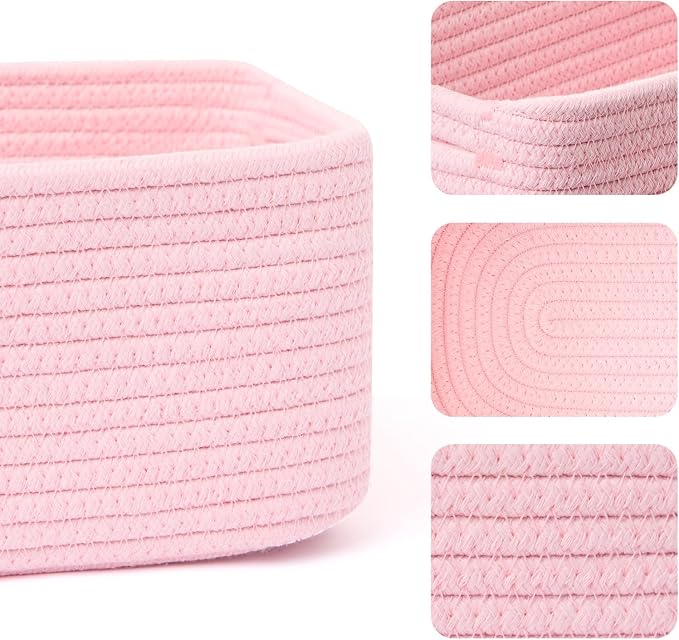 MiniArk Small Storage Baskets for Organizing | Closet Organizer Bins | Shelf Toy Basket | Woven Rope Baskets | Cube Decorative Box | Shallow Basket | 13x8.5x5.1” | 4 Packs Light Pink