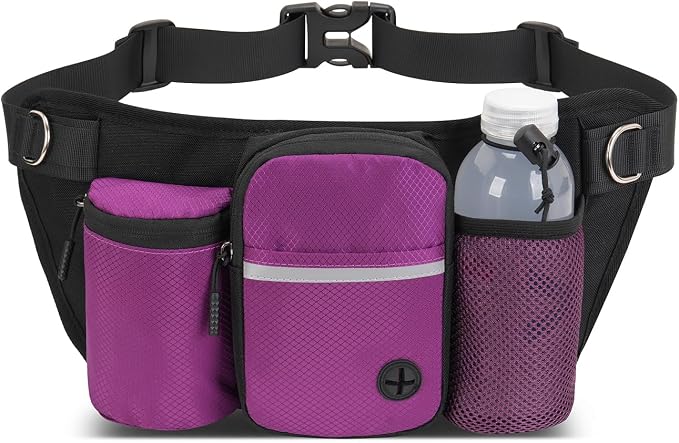 Dog Treat Pouch for Training – Hands-Free Waist Belt with Built-in Poop Bag Dispenser, Water Bottle Holder & Phone Pocket, Includes Reflective Bungee Leash (Purple)